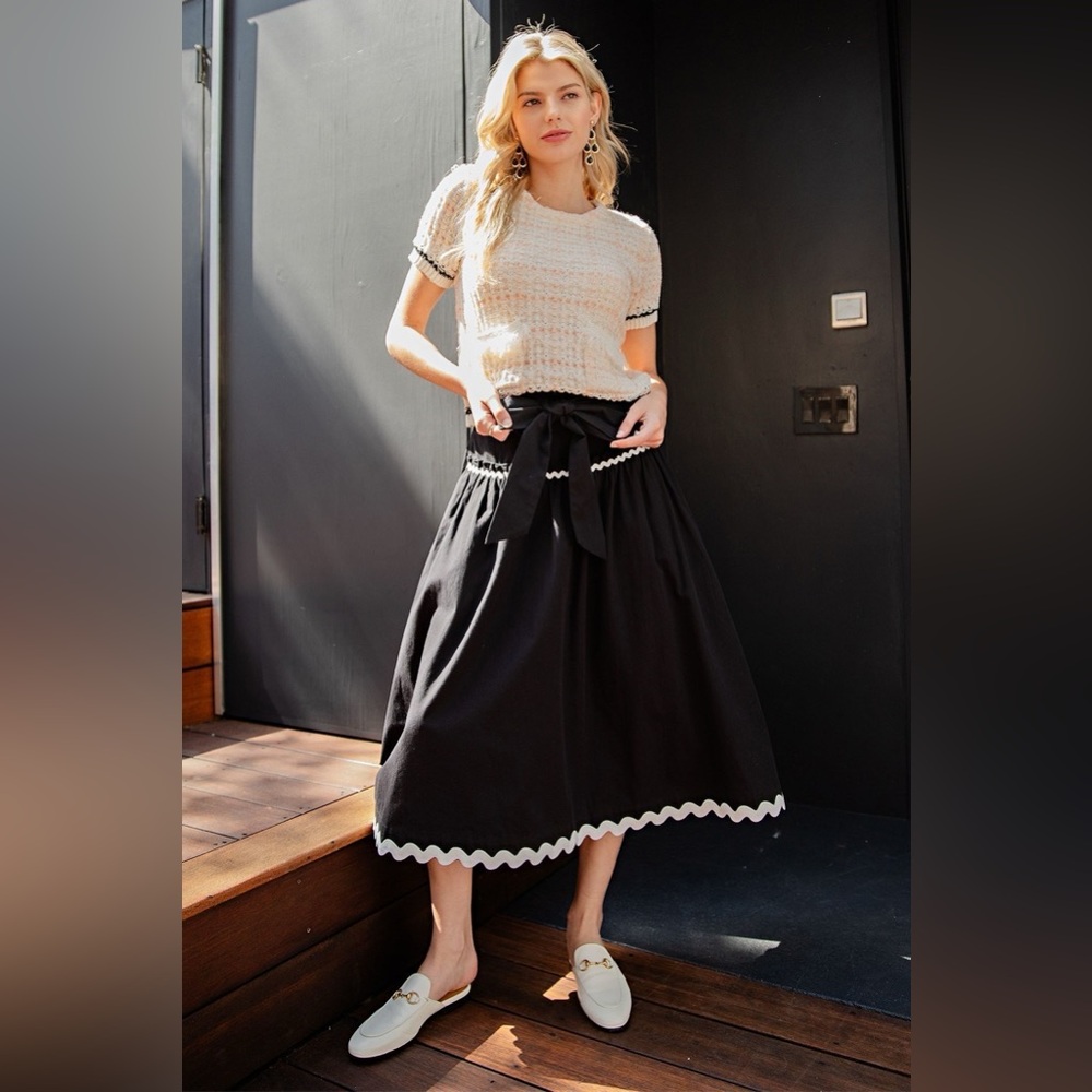 Bow Front Ric Rac Trim A-Line Midi Skirt - eesome